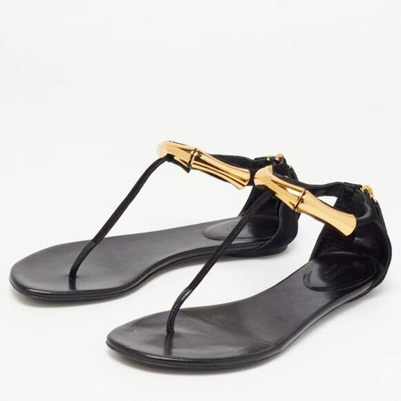Gucci Coraline Nero Black Suede Thong T strap flats gold bamboo 2014 size 35.5 - Picture 2 of 15
